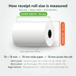How receipt roll size is measured (paper width × diameter)